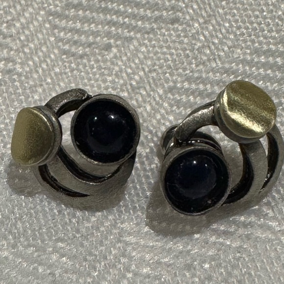 Christophe Poly geometric two-tone Stud earrings Blue Stone Gold Tone accent - Picture 4 of 9